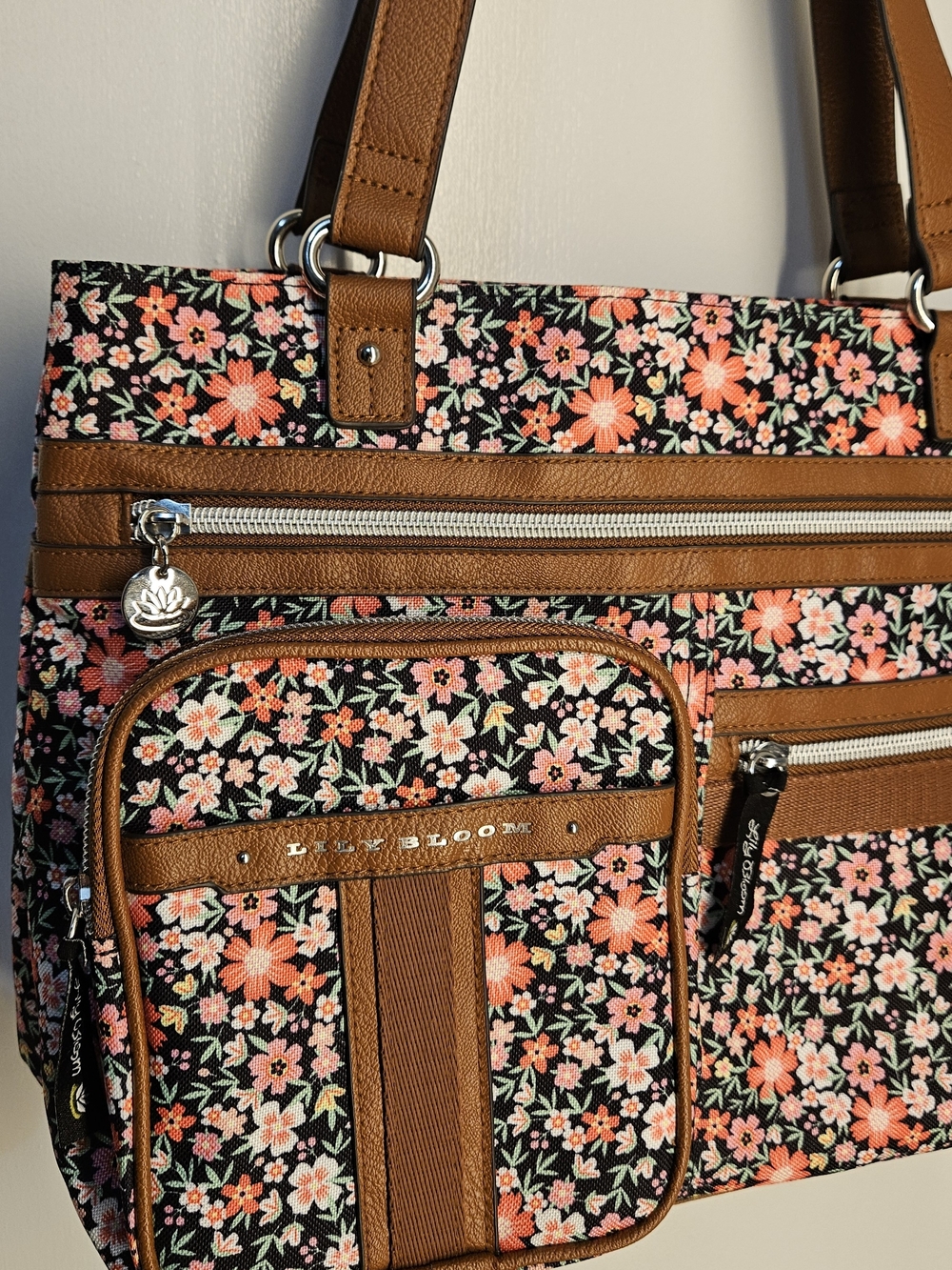 Lily Bloom Black Tote with Coral Floral Print and Tan Trim